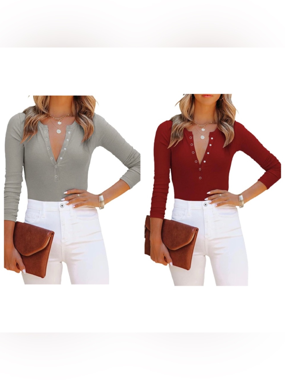 MISSJOY Women’s V Neck Long Sleeve Button Down Ribbed Knit Bodysuits - Picture 2 of 12